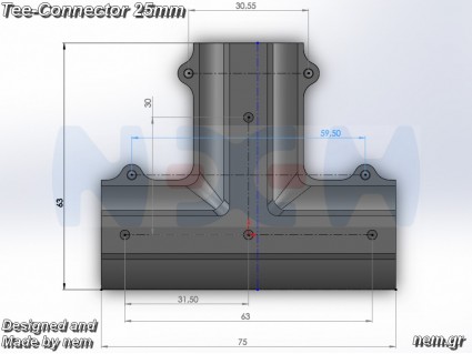 Tee Connector 25mm Diameter -CNCed -AL6061-T6